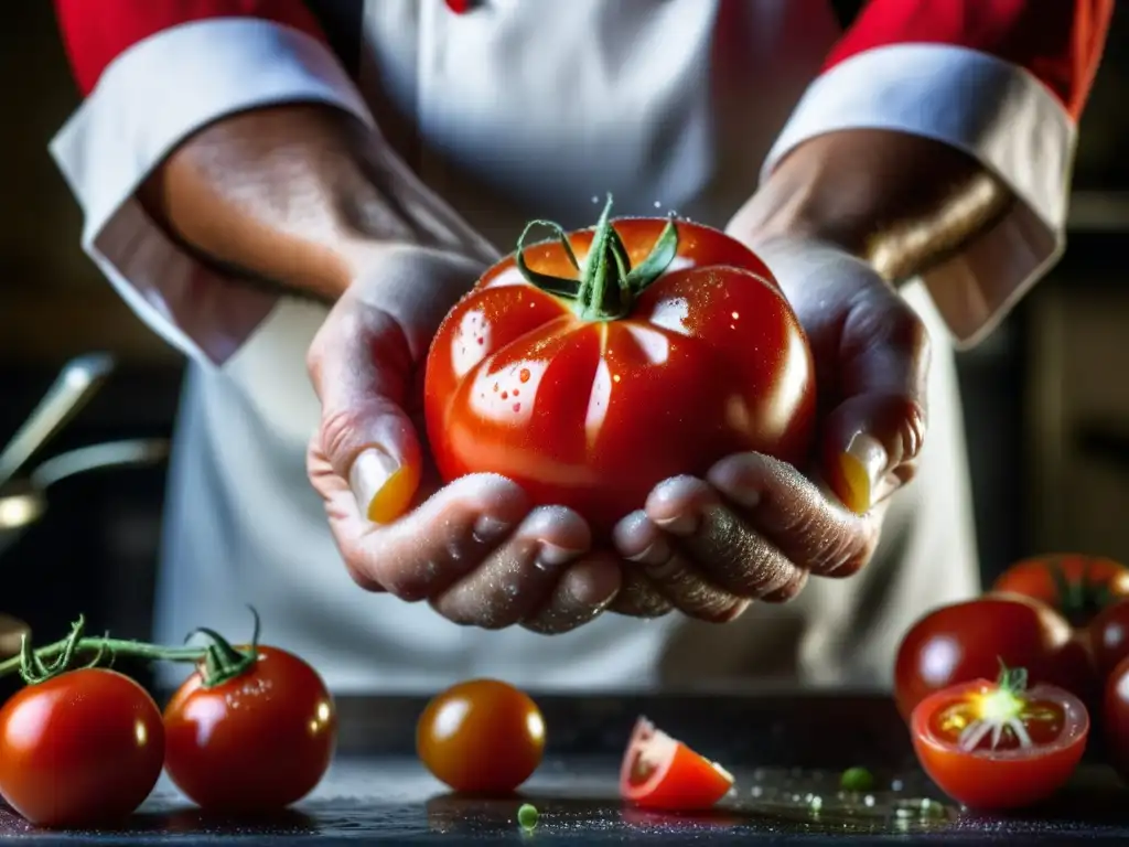 Un chef sostiene con delicadeza un tomate rojo y maduro, con gotas de agua brillando en su piel