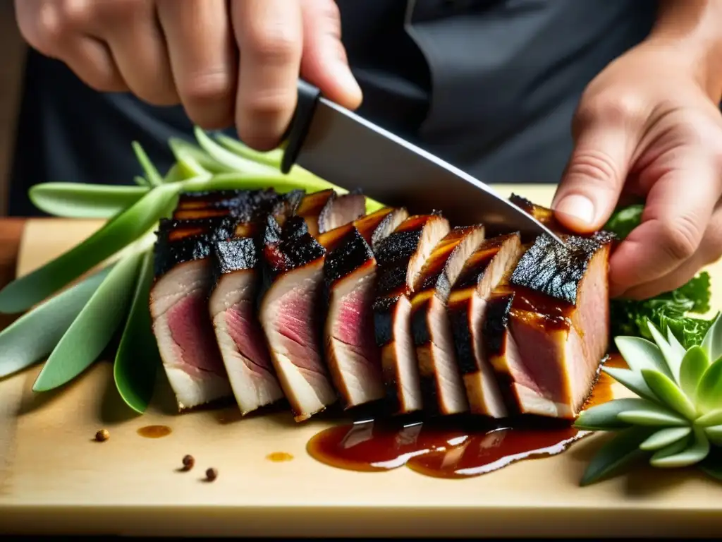 Chef cortando con maestría un delicioso cerdo, mostrando la transformación gastronómica del cerdo en América