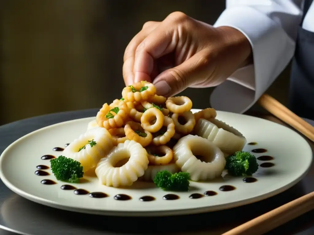 Un chef rellena con destreza calamar tierno, mostrando la elaboración artística de la receta calamares en tinta historia