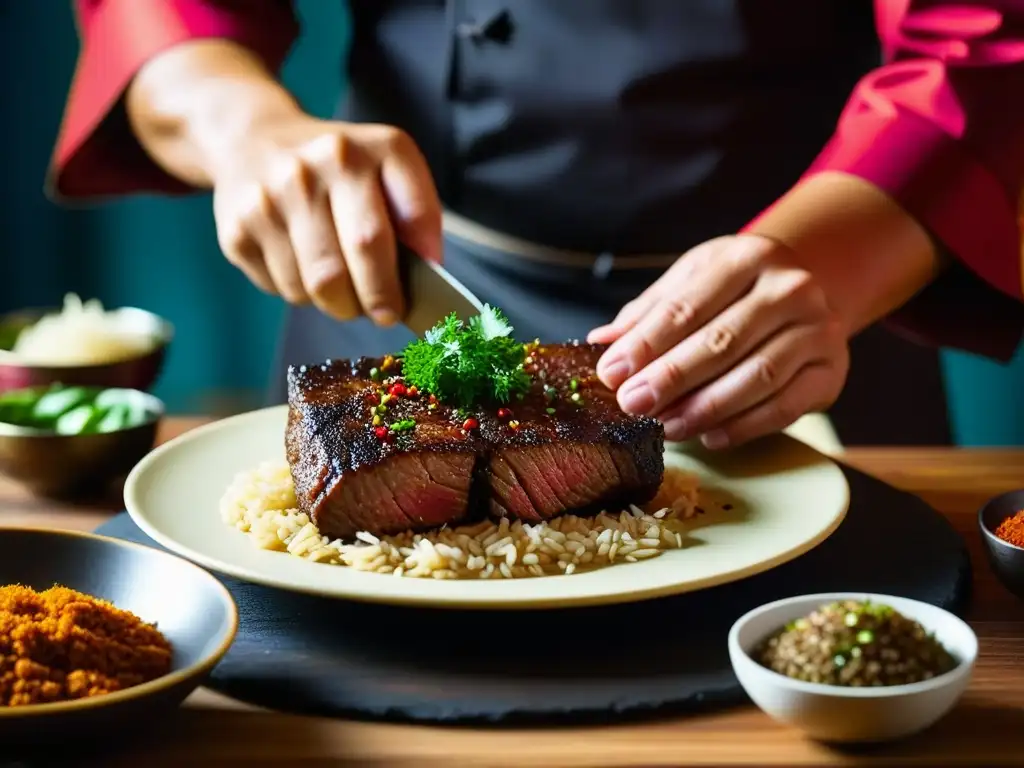 Un chef sazona con destreza una carne con especias mongolas en una fusión culinaria india, mostrando detalles y texturas