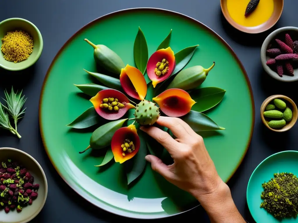 Un chef crea con destreza una composición de ingredientes exóticos en un plato moderno