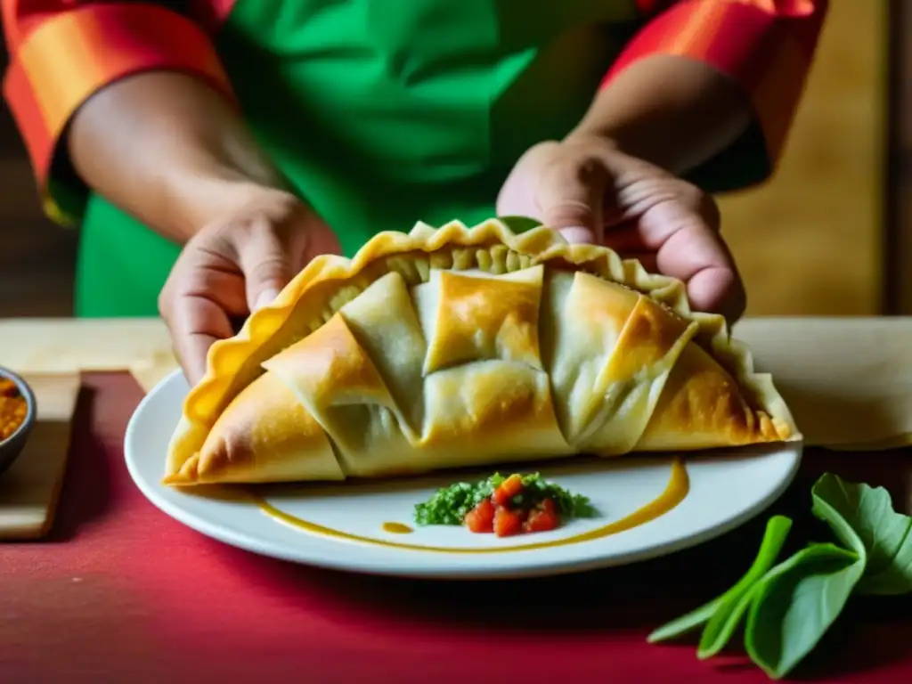 Chef experto plegando una empanada sudamericana: historia en cada doblez Un chef hábil dobla con destreza una empanada sudamericana, mostrando capas y colores vibrantes