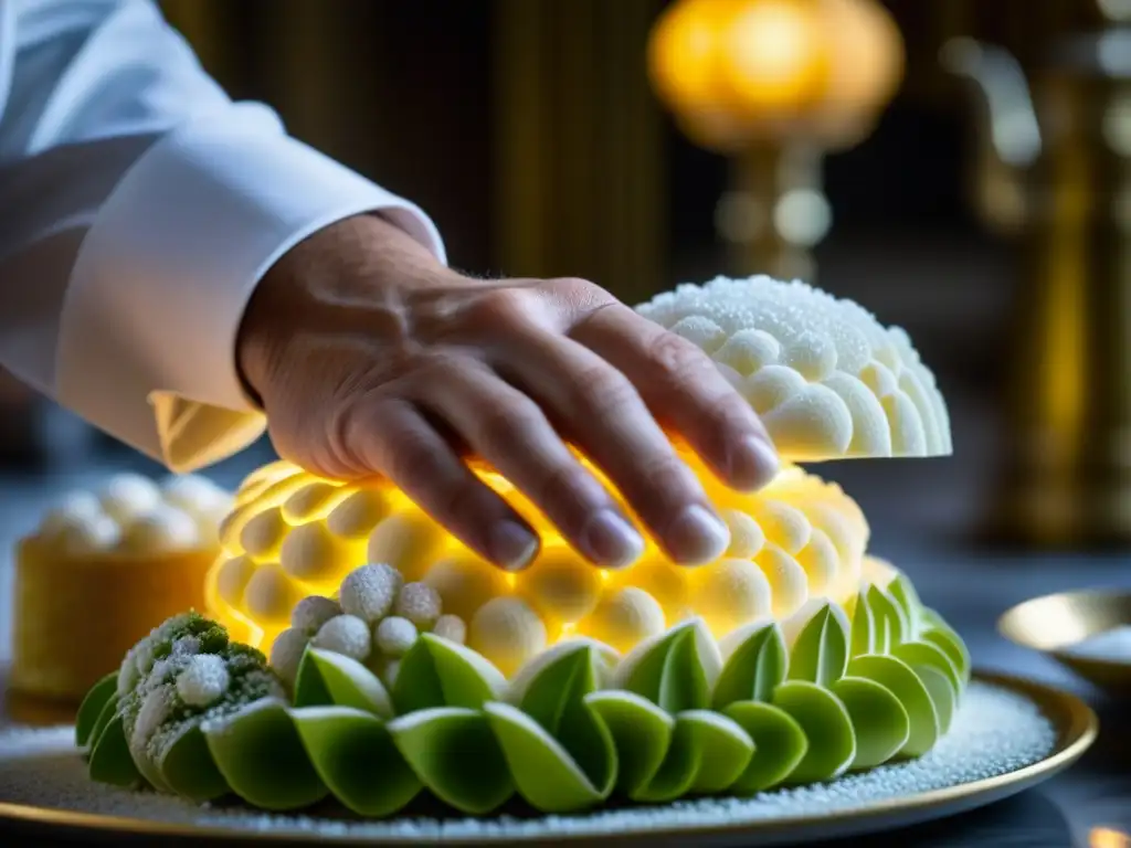 Un chef moldea con destreza una escultura de azúcar en la cocina de corte en Versalles, evocando elegancia y maestría culinaria