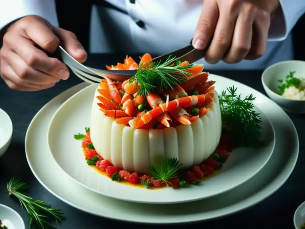 Un chef prepara con destreza un exquisito plato de Cangrejo Real en la gastronomía rusa, destacando colores y texturas