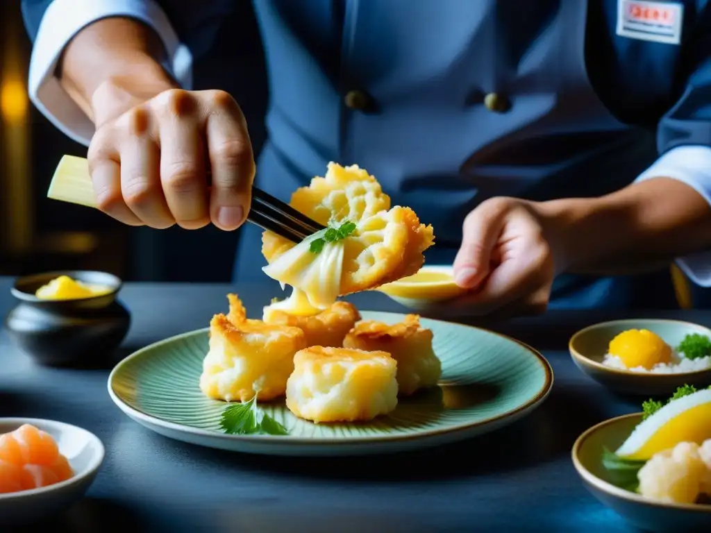 Un chef sumerge con destreza un marisco fresco en una ligera tempura