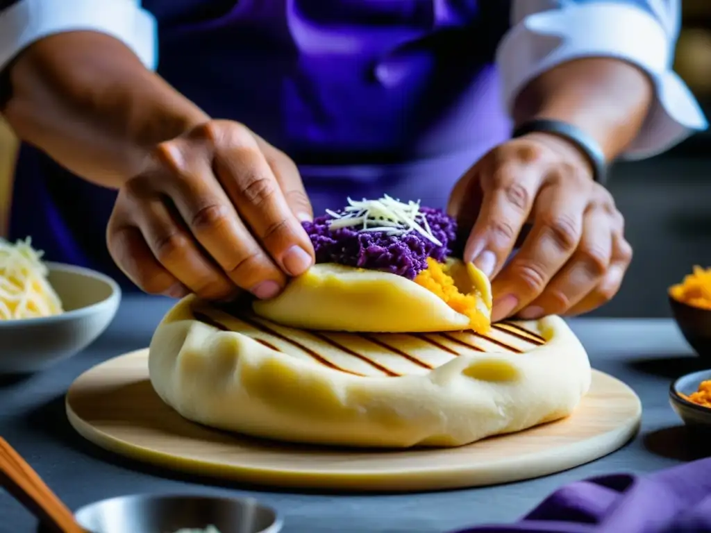 Un chef moldea con destreza una masa de arepa de ñame morado y queso, fusionando colores y texturas en una versión creativa de este plato venezolano