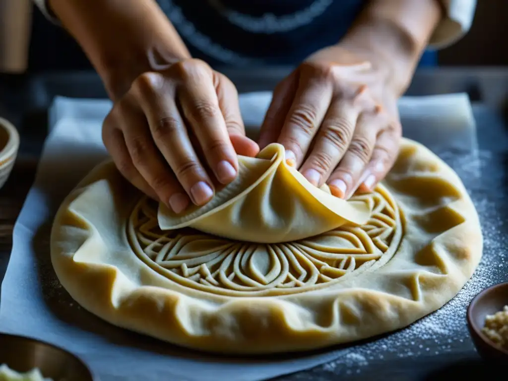 Chef plegando con destreza una masa fina, revelando recetas históricas de Asia Central