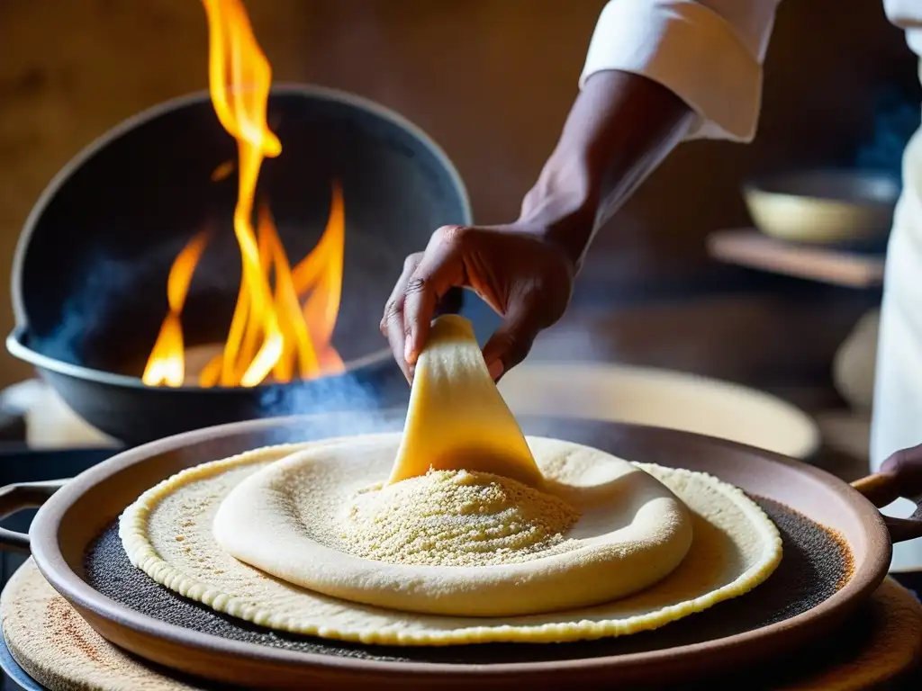 Un chef etíope vierte con destreza masa de injera en un mitad sobre fuego