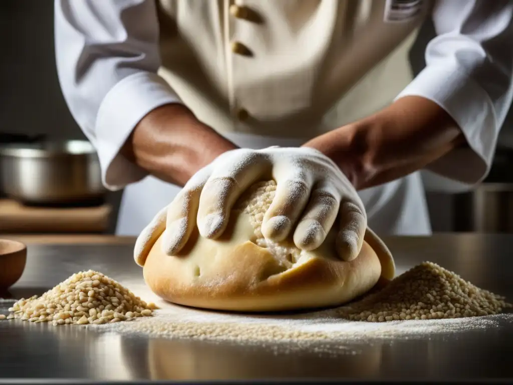 Un chef amasa con destreza masa de pan con granos antiguos, en una cocina moderna