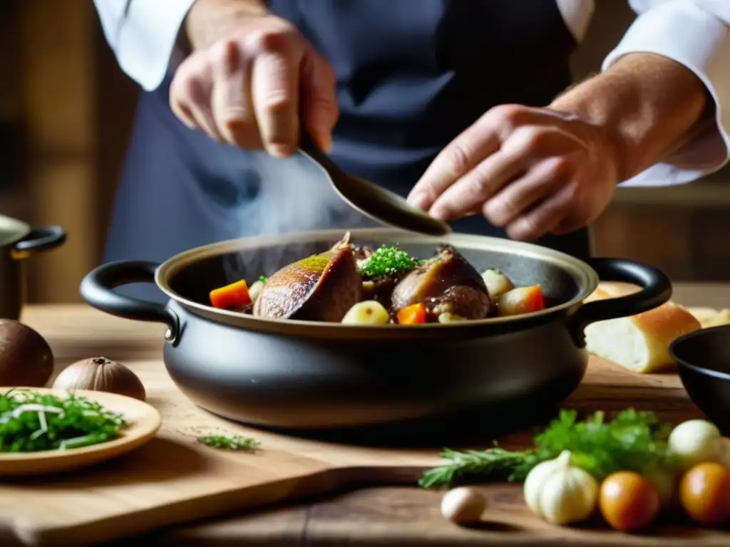 El chef prepara con destreza un plato emblemático en cocina rústica