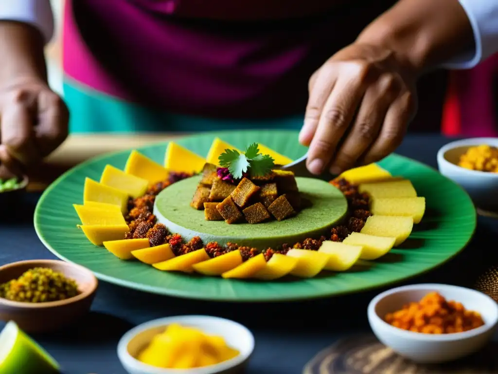 Un chef prepara con destreza un plato peruano en el Festival Recetas Históricas Machu Picchu, resaltando colores y texturas vibrantes