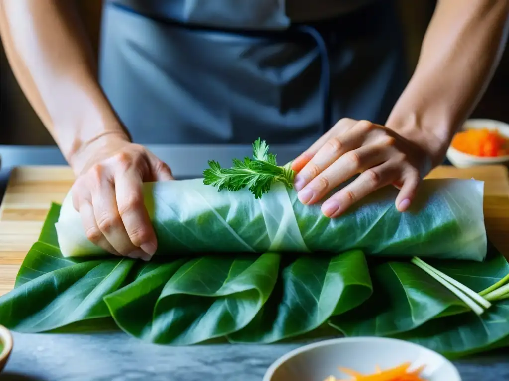 Un chef hábil envuelve con destreza un rollo primavera vietnamita, destacando la precisión y arte en su elaboración