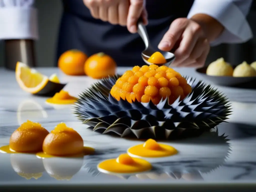 Un chef prepara con detalle erizos de mar, en una receta de gastronomía elite