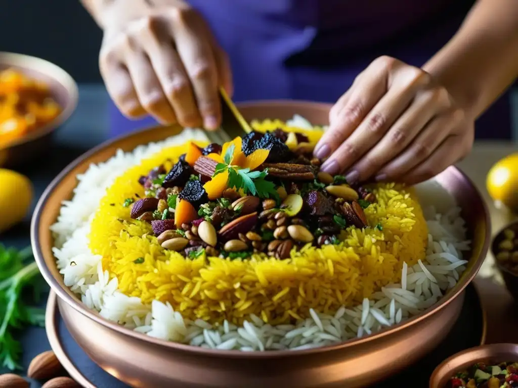 Un chef persa hábil y detallista crea un exquisito arroz con joyas, demostrando las técnicas de cocción en Persia