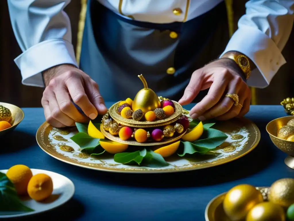 Un chef detallista y majestuoso decora un plato medieval con láminas de oro, fusionando recetas históricas con moderna artesanía culinaria