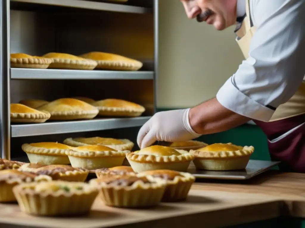 Un chef detallista prepara pasteles de carne en una cocina británica, evocando el origen de estos en la gastronomía del sur de Asia