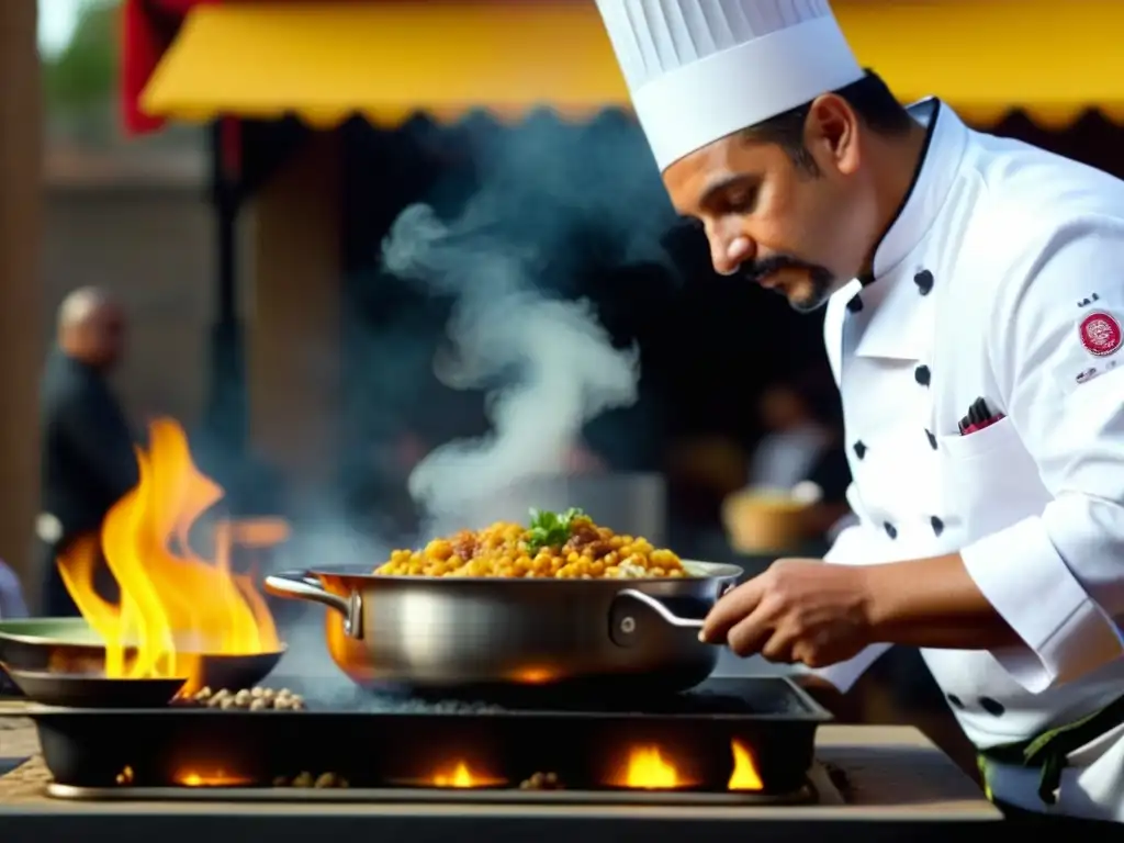 Un chef detallista preparando un platillo para La Fiesta del Medio Otoño gastronomía, con ingredientes, expresión concentrada y vapor