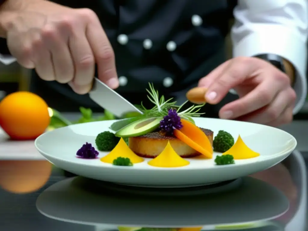 Un chef detallista preparando un plato contemporáneo en una cocina moderna, destacando preferencias culinarias a lo largo