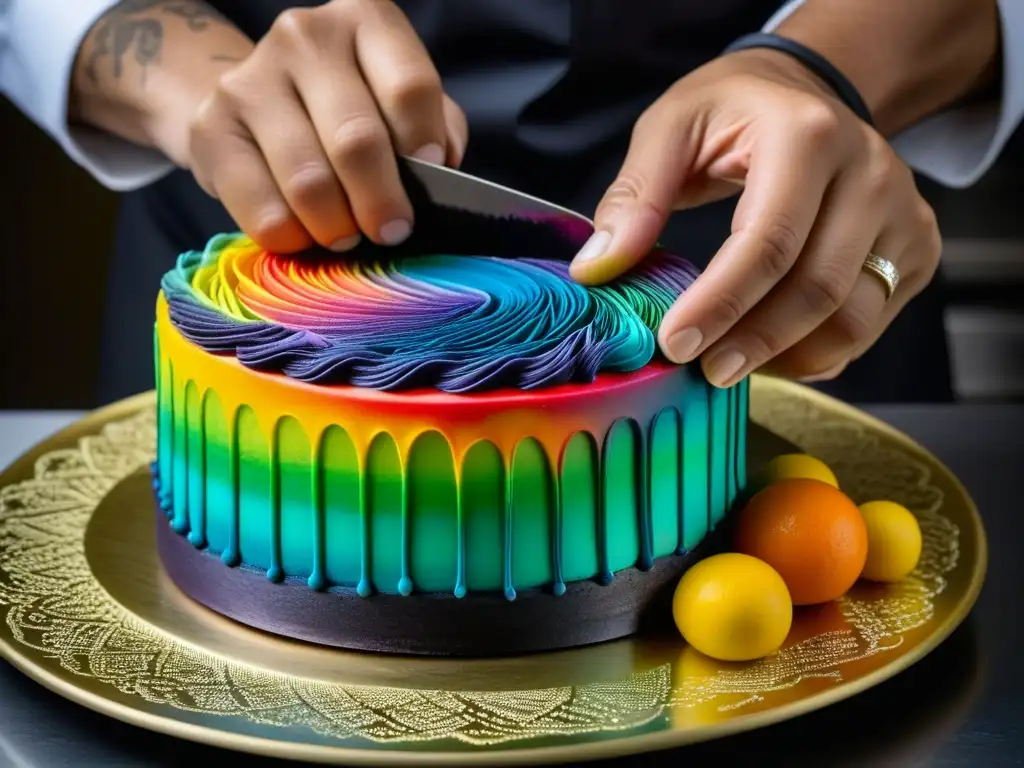 El chef crea diseños intrincados en una torta multicolor