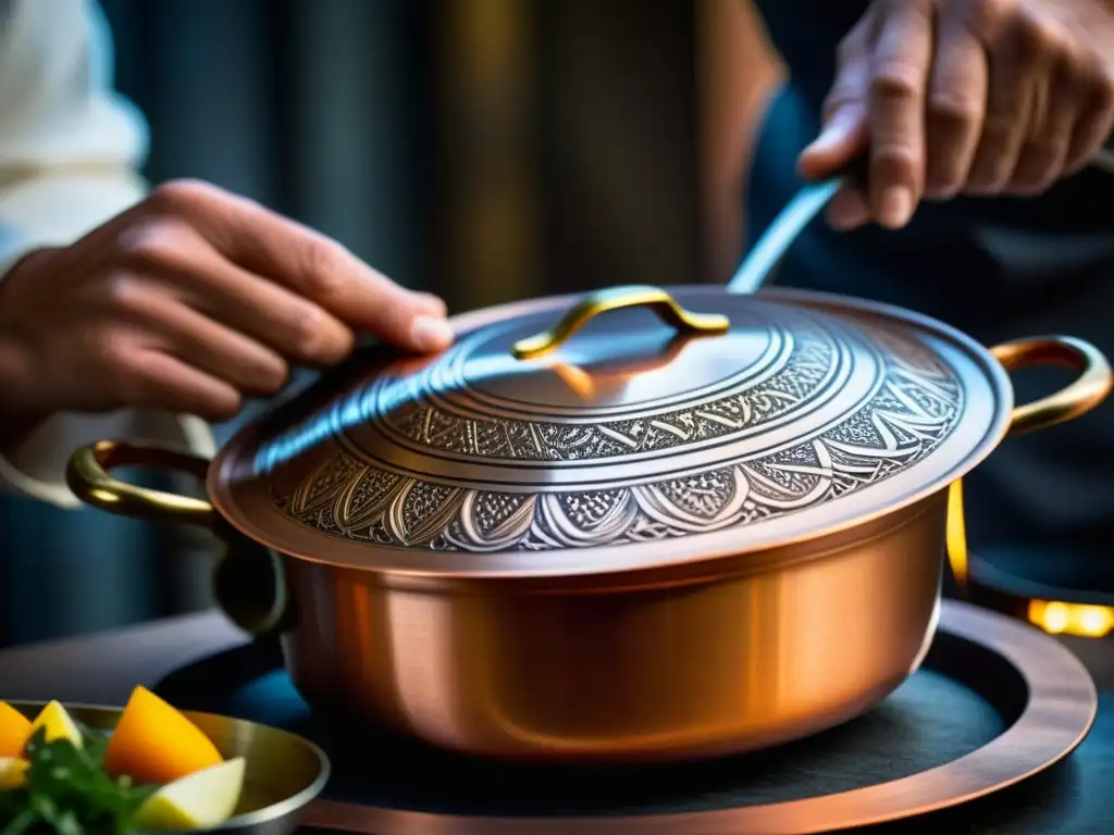 Un chef hábil tallando diseños en una olla de cobre, reflejando tradición gastronómica