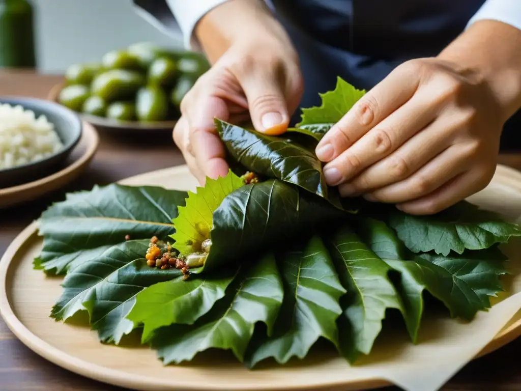 Chef preparando dolma armenio con arroz, hierbas y especias en hojas de uva, mostrando la tradición culinaria