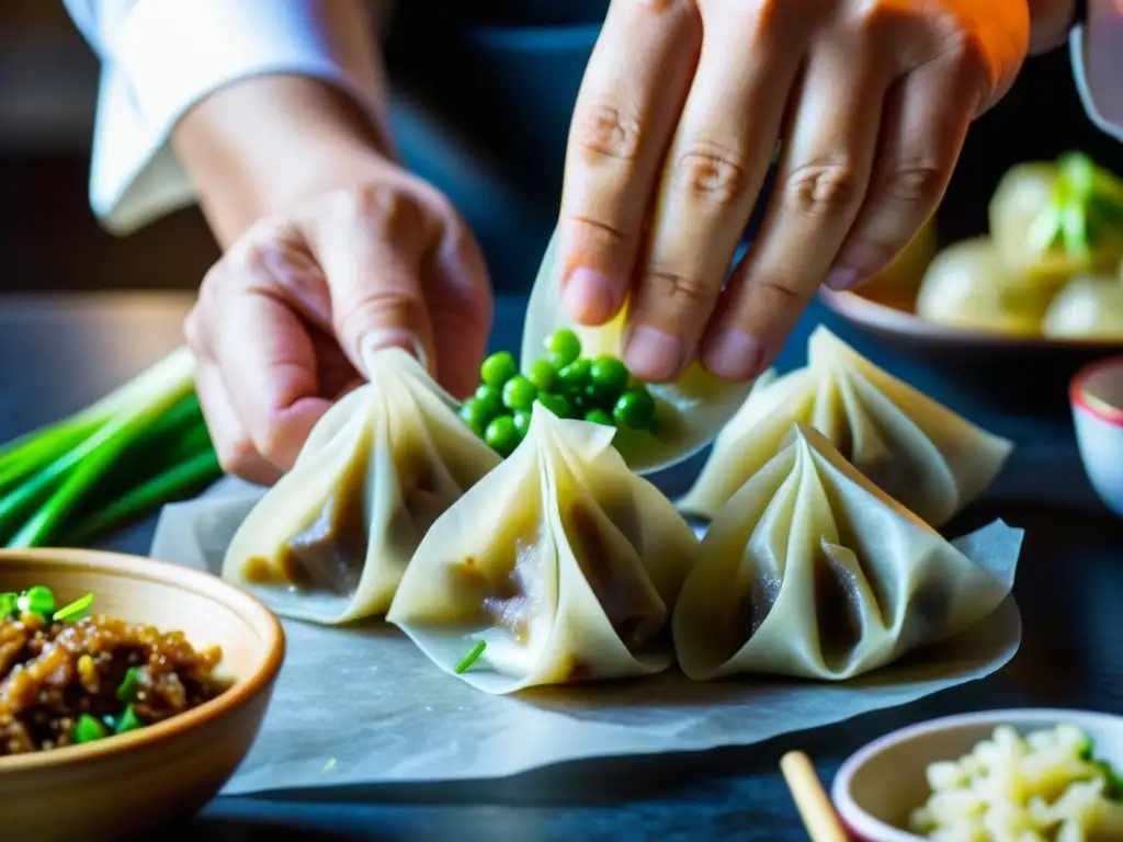 Un chef hábil preparando dumplings chinos, mostrando la precisión y arte culinario