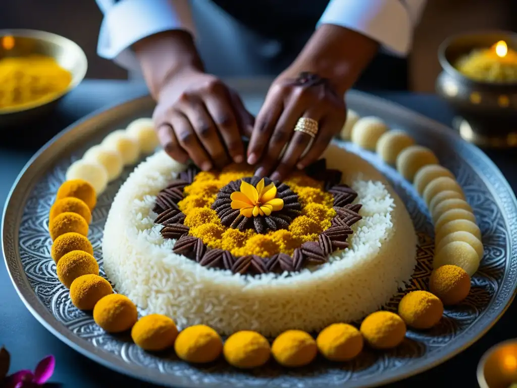 Un chef emiratí elabora una obra maestra culinaria con arroz de azafrán, especias y pétalos de rosa, en Dubái