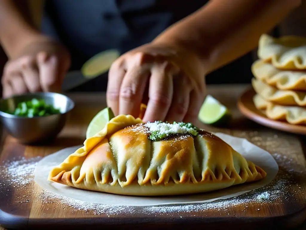 Un chef hábil prepara una empanada sudamericana en una cocina rústica, fusionando sabores e influencias europeas