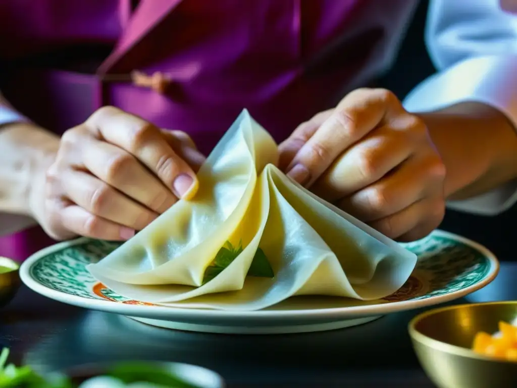 Un chef hábil dobla envolturas de dumplings para el significado gastronomía Año Nuevo Lunar