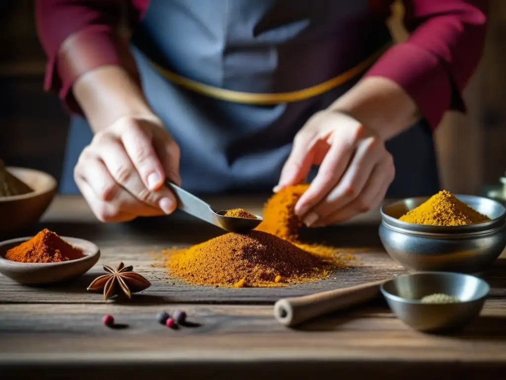 Un chef de época mide especias antiguas en una escena detallada, evocando nostalgia y expertise culinaria