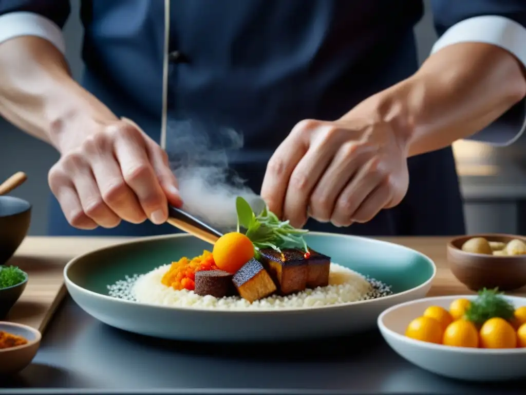 Un chef escandinavo experto fusionando ingredientes escandinavos con técnicas asiáticas en una cocina moderna