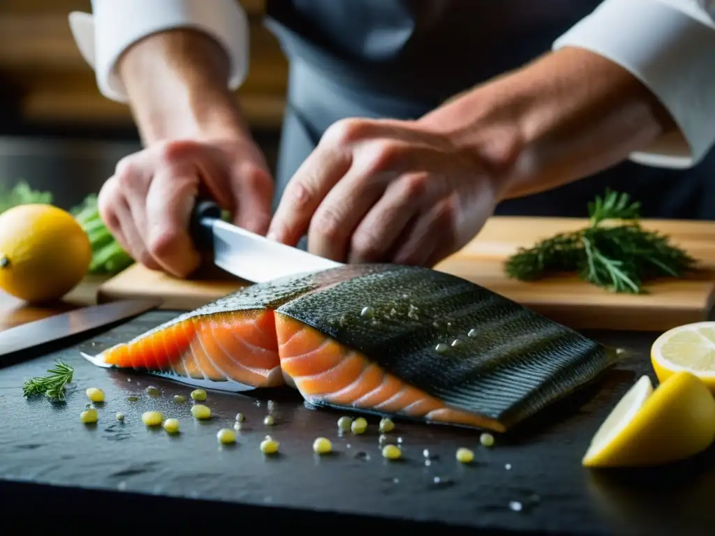 Un chef escandinavo experto en pesca sostenible filetea con precisión un ártico char, resaltando las técnicas culinarias tradicionales