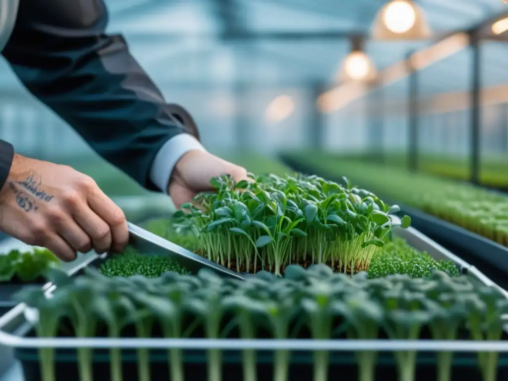 Un chef escandinavo selecciona meticulosamente microgreens en un invernadero de alta tecnología