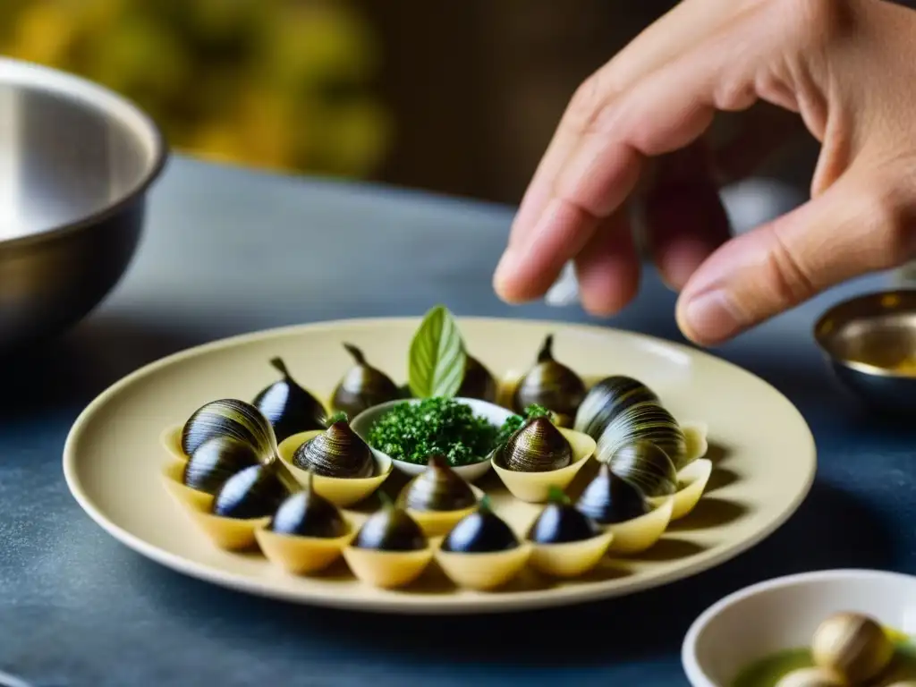 Un chef prepara escargots en una cocina francesa, resaltando la historia del escargot en cocina