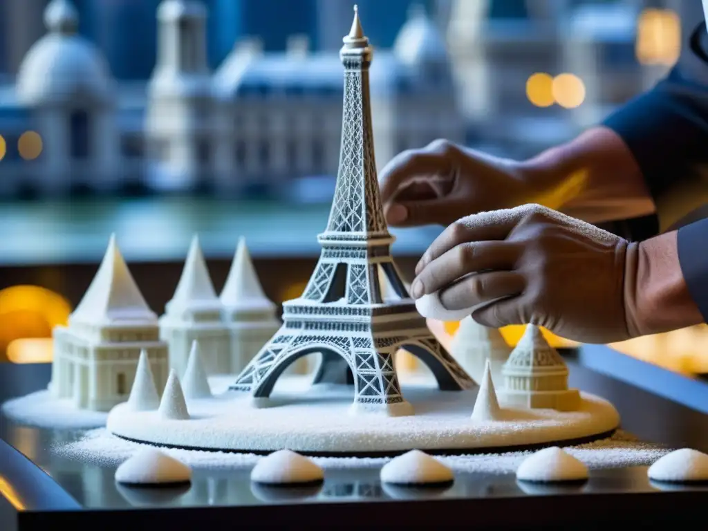 Un chef crea una escultura de azúcar detallada de la Torre Eiffel en París, fusionando gastronomía barroca y el río Sena