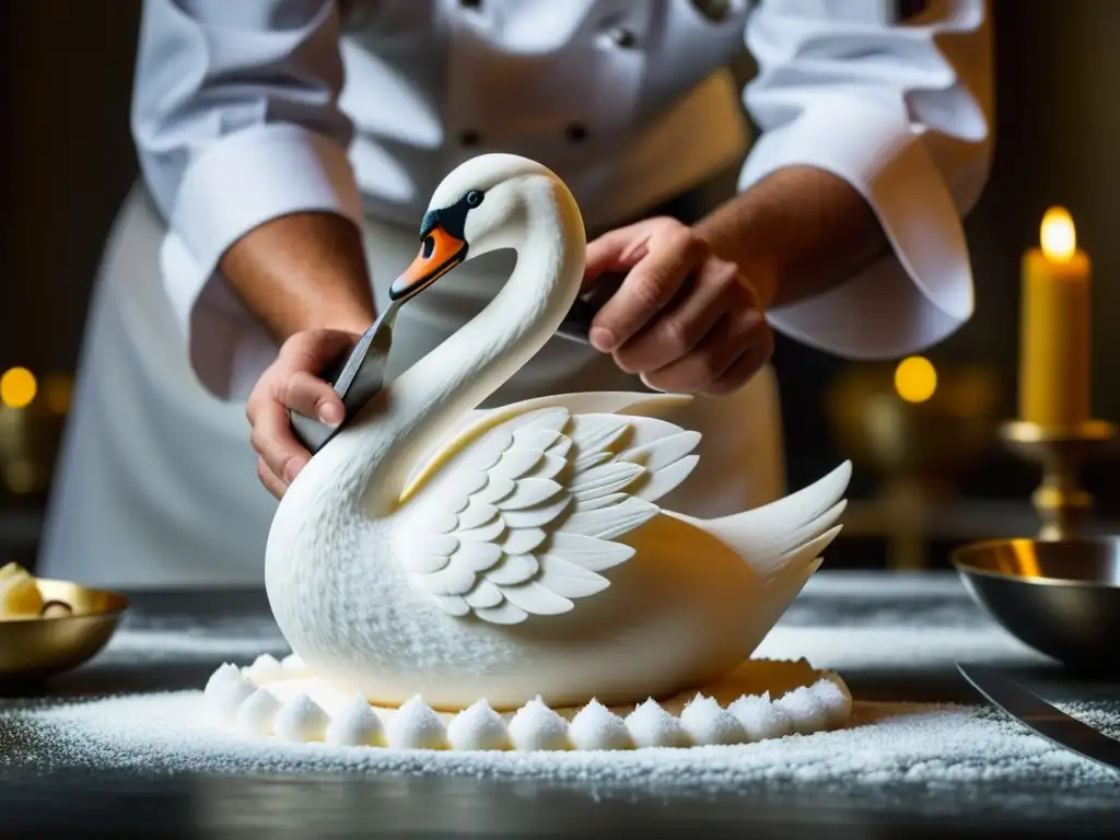 Un chef elabora una escultura de azúcar en forma de cisne en la cocina de corte en Versalles