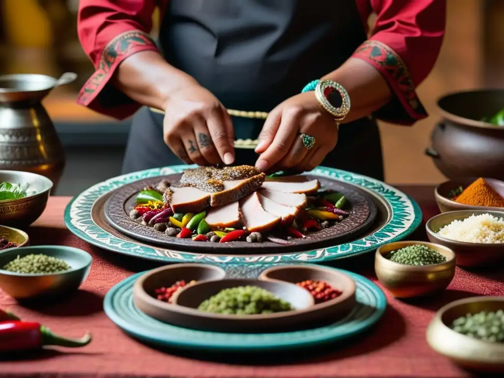 Un chef azteca marina con esmero carne de pavo en cocina tradicional