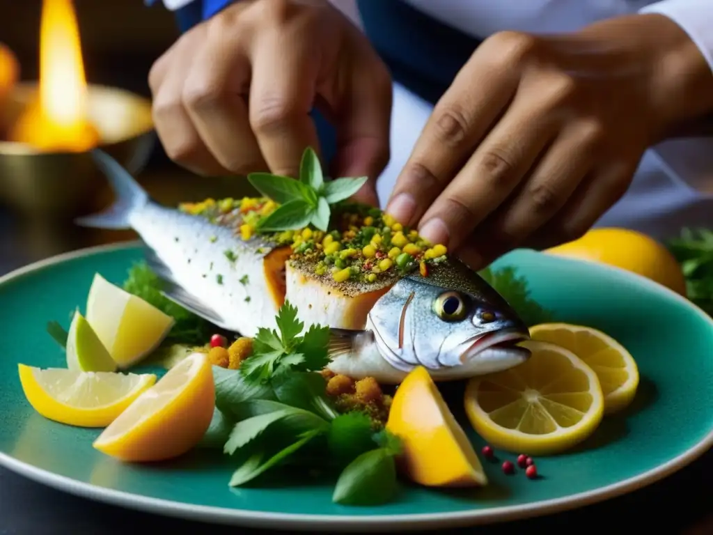 Un chef persa sazona con esmero un exquisito plato de pescado en la cocina persa, resaltando colores y texturas vibrantes