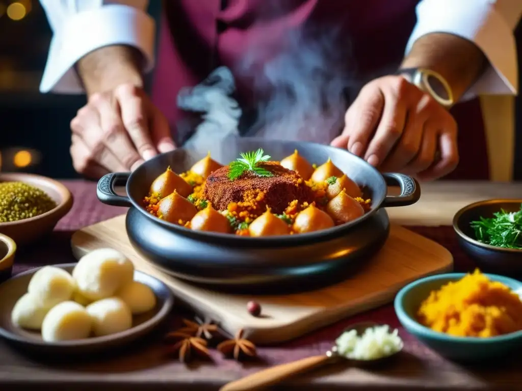 Un chef preparando con esmero un plato de la cocina otomana con especias vibrantes