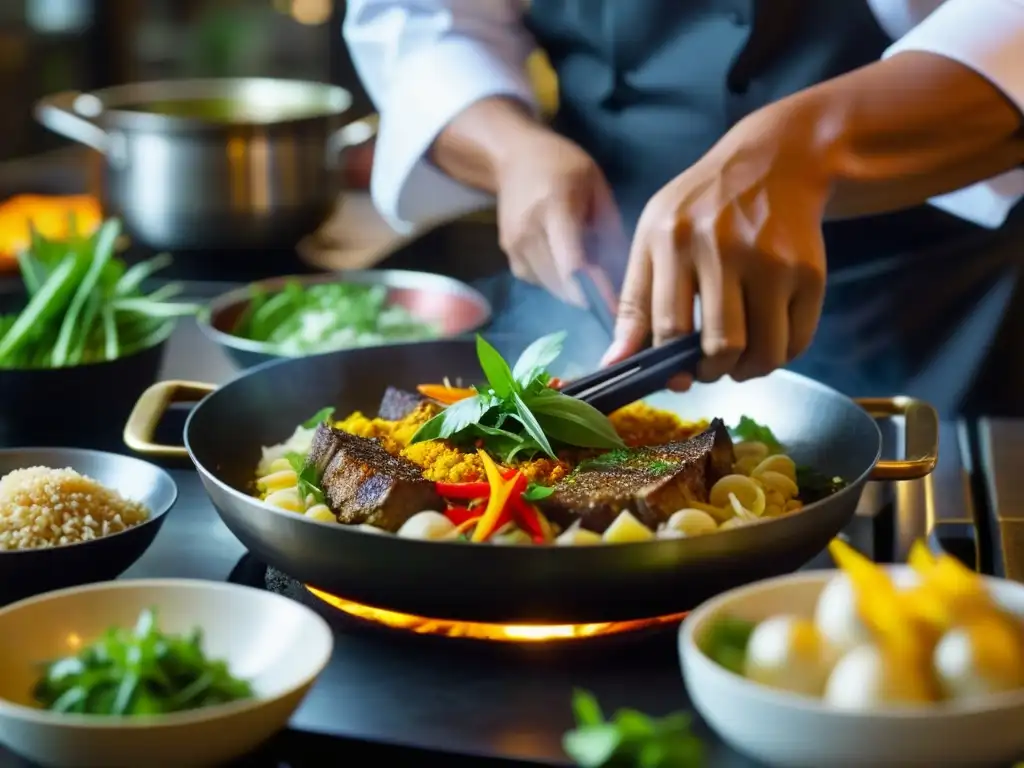 Un chef prepara con esmero un plato de cocina fusión IndoChina, mezclando ingredientes históricos en una bulliciosa cocina