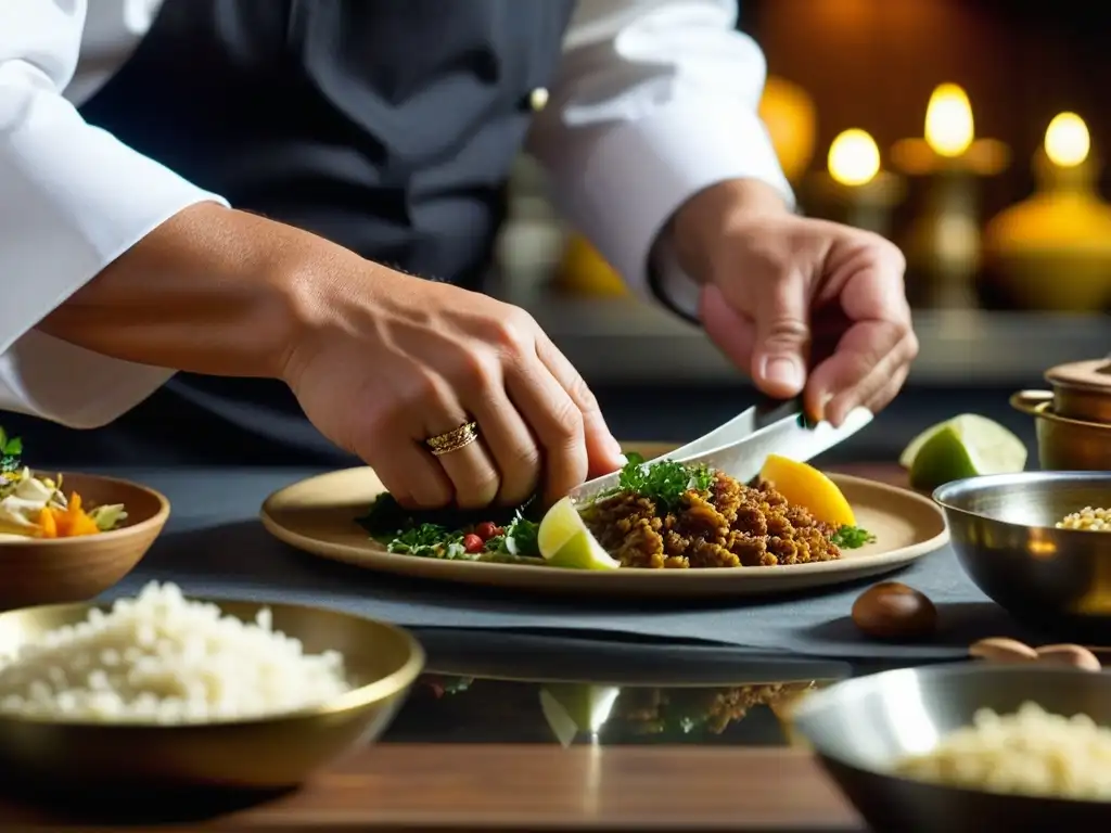 Un chef prepara con esmero un plato tradicional, rodeado de libros de recetas antiguos y utensilios de cocina, evocando historia y cultura culinaria