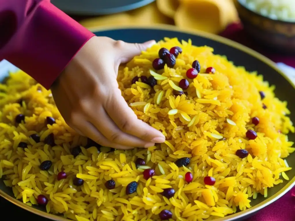 Un chef persa prepara con esmero Zereshk Polo Ba Morgh, un plato tradicional, destacando el arroz dorado y las jugosas barberries