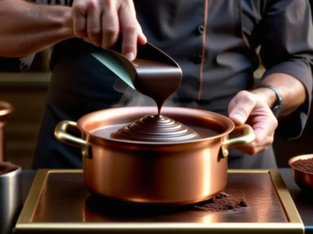 Chef español experto en gastronomía molecular, temperando chocolate premium con precisión