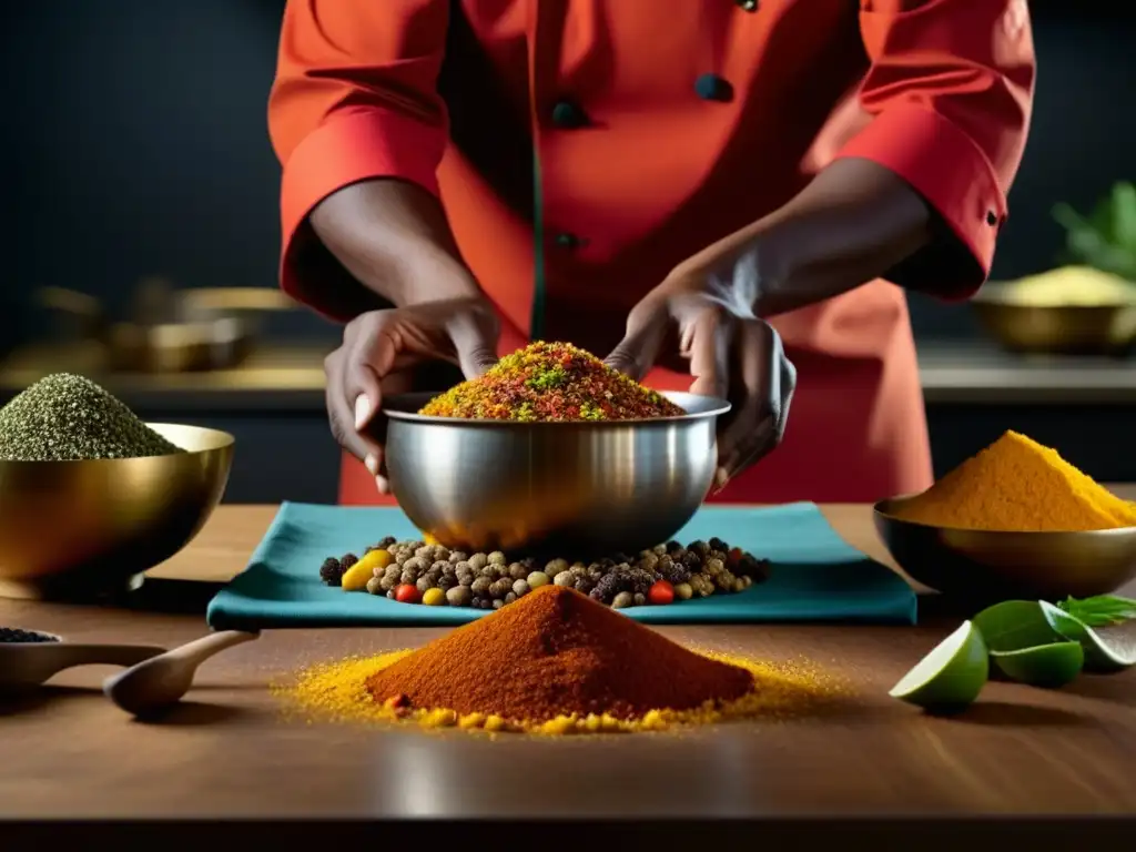 Un chef fusiona especias africanas con ingredientes occidentales en una cocina contemporánea, destacando la mezcla cultural