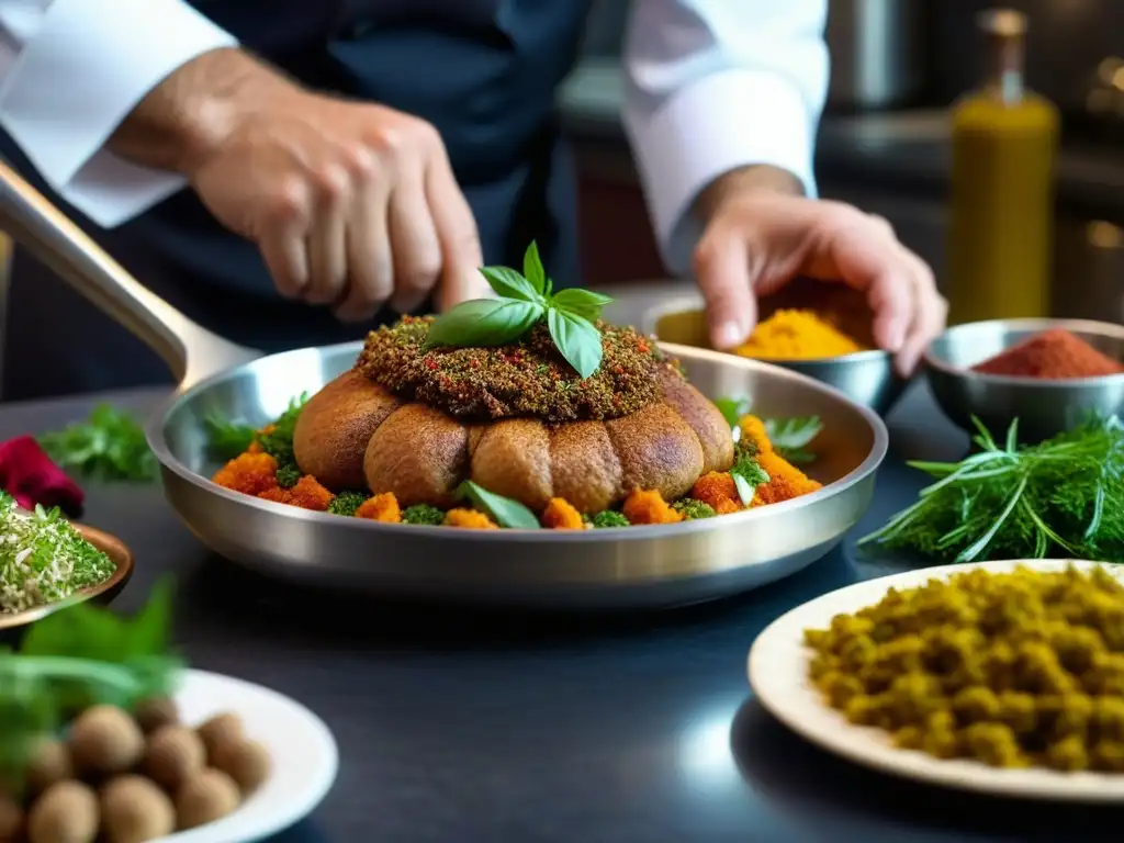 Un chef mezclando especias y hierbas en una cocina moderna, evocando la evolución de la cocina otomana