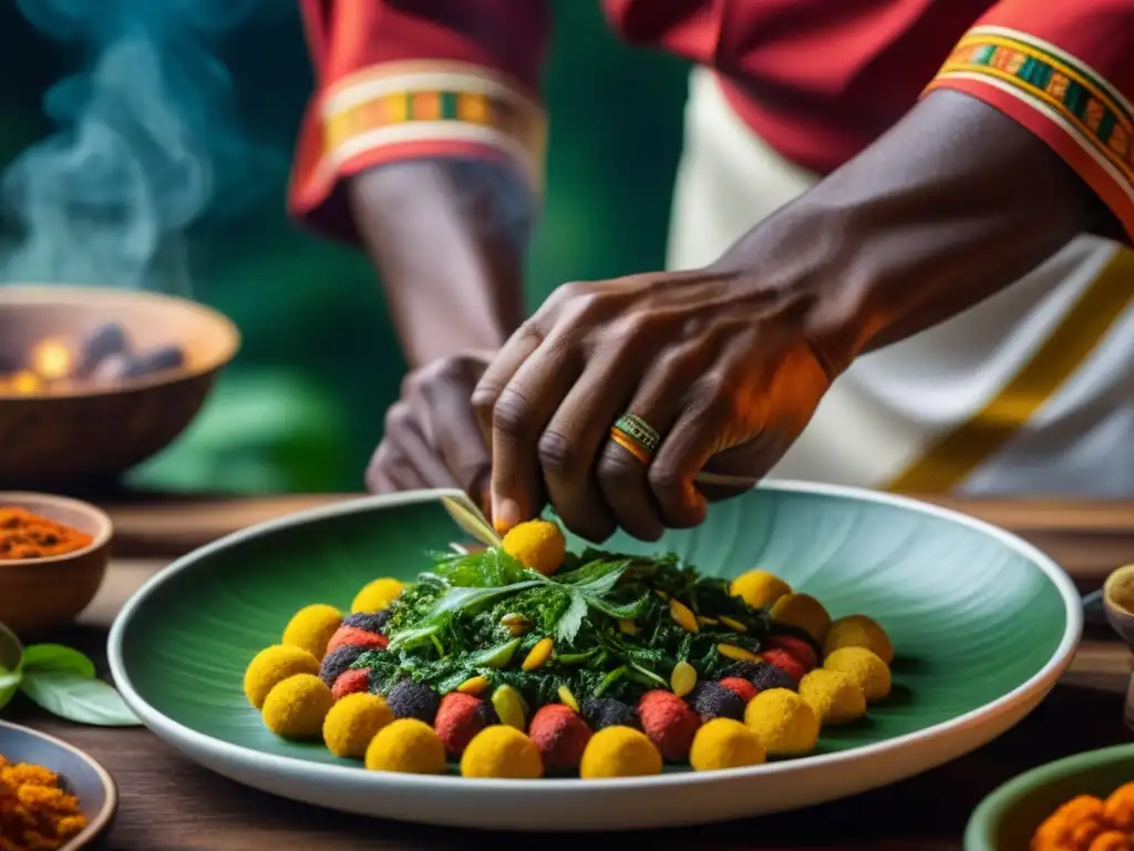 El chef mezcla especias y hierbas en un plato amazónico, resaltando la influencia africana en la cocina cultural