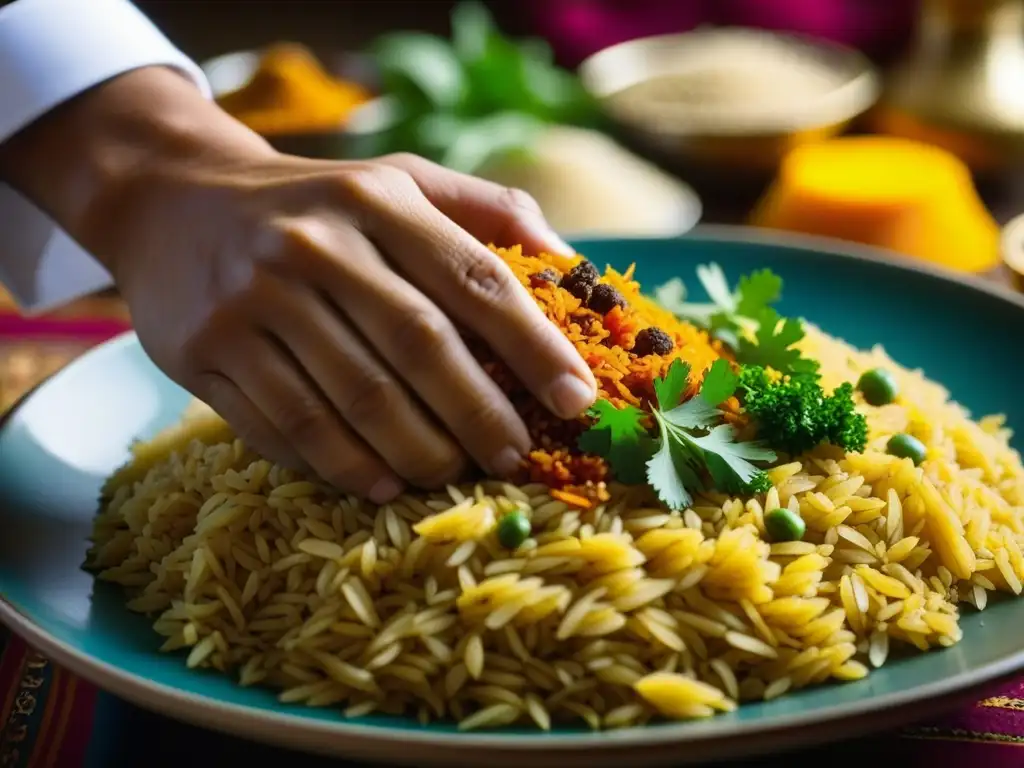 Un chef coloca especias en un plato de pilaf uzbeko en el Festival Gastronómico, reflejando recetas históricas