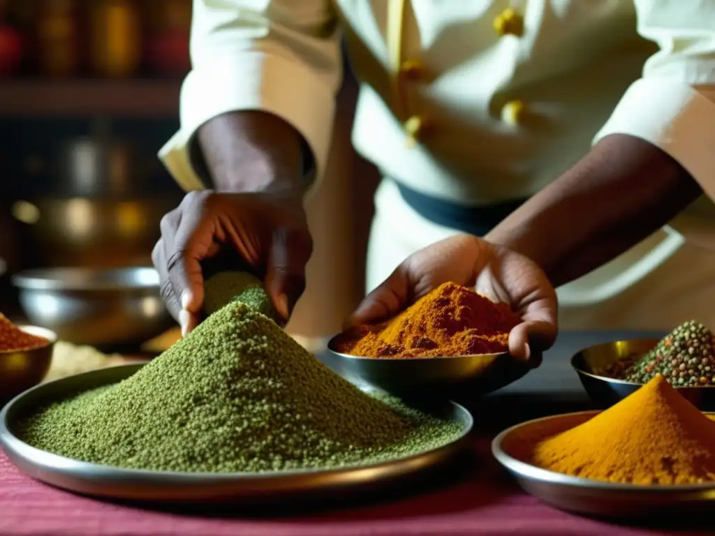 Un chef mezcla especias vibrantes africanas en una cocina Mughal, mostrando la influencia africana en cocina Mughal