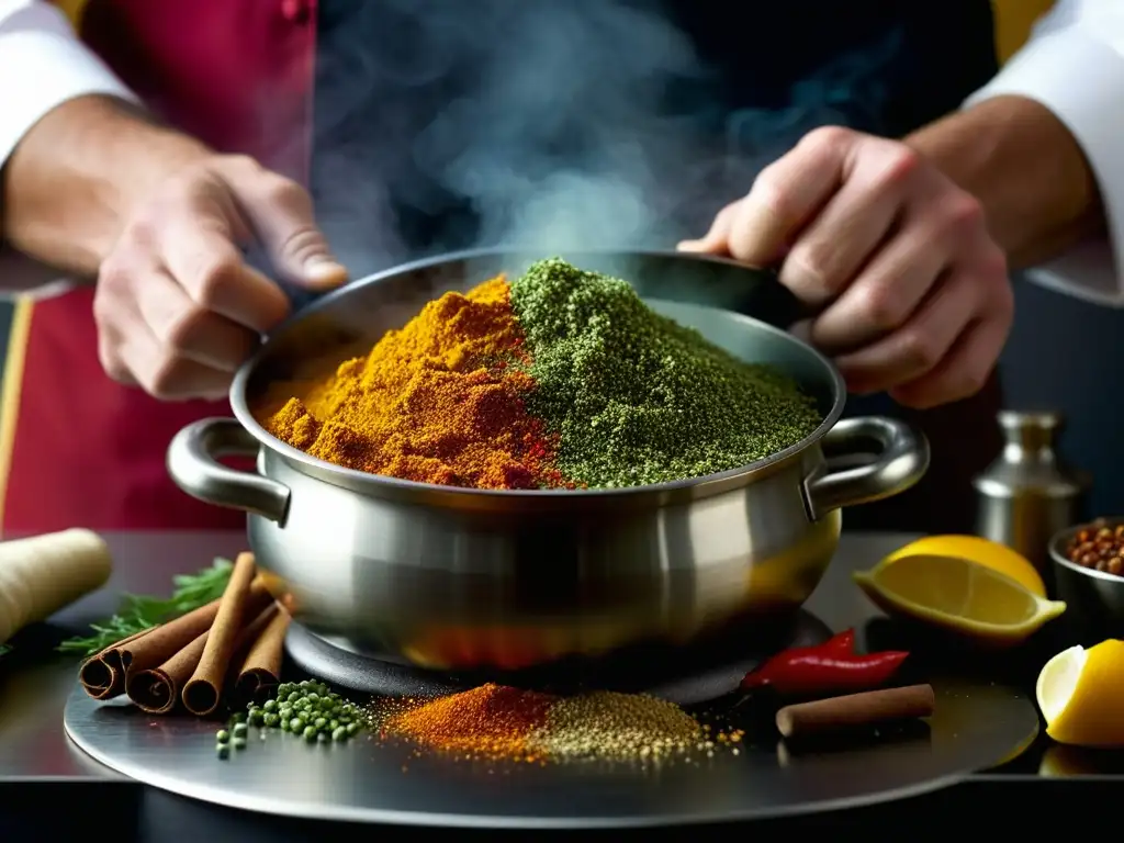 Un chef mezcla especias vibrantes en una olla, creando un impactante intercambio culinario de colores e historias