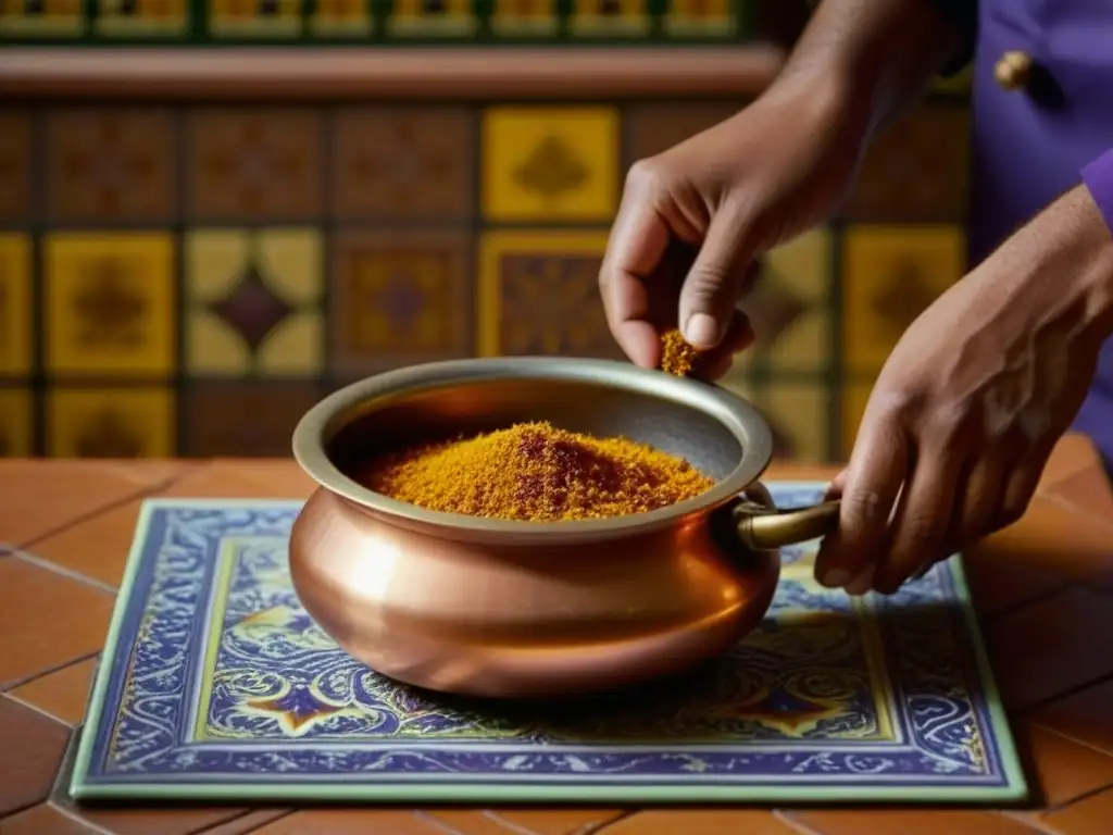 Un chef coloca especias vibrantes en una olla de cobre, en un entorno de azulejos inspirados en la cultura Mughal